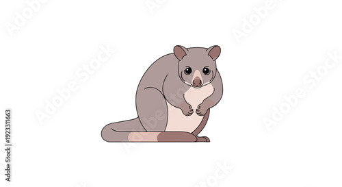 An adorable digitally rendered cartoon possum illustration sitting serenely on a clean white canvas perfect for playful children's designs and