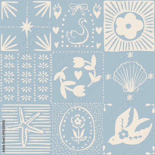 Seamless checkered pattern with Hand drawn ink vector floral, birds and seashell doodles. Square tiles vector illustration. Trendy aesthetic geometric  monochrome background. Boho, cottage core wallpa