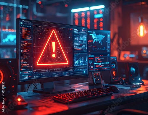 Cybersecurity Threat Alert on Computer Screen in Dark Server Room.