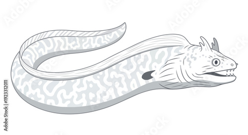 Captivating grayscale illustration of an enigmatic serpentine creature. Features intricate patterns, sharp teeth, embodying a deep-sea eel.