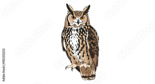 Vibrant digital art of a horned owl with distinctive ear tufts intense orange eyes patterned feathers symbolizing nocturnal insight true wisdom