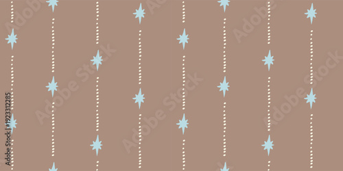 Seamless pattern with freehand ink doodle abstract stars. Trendy vintage vertical stripe background. Hand drawn vector illustration. Boho, cottage core, retro wallpaper in blue and brown.