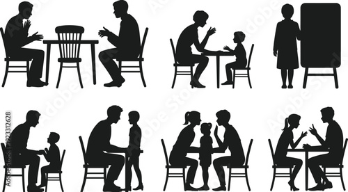 Black vector silhouette set of families and couples sitting at tables talking and children learning at a chalkboard for communication and parenting lifestyle branding