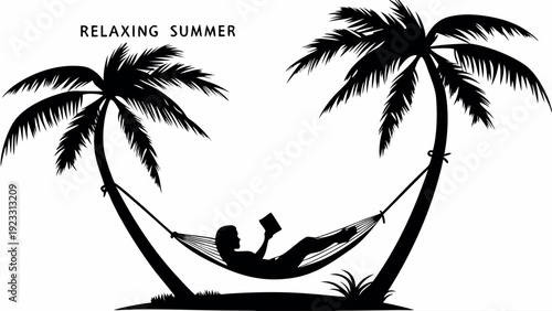 Man relaxing in hammock between two palm trees reading book