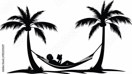 Relaxing man reading in hammock between palm trees on beach