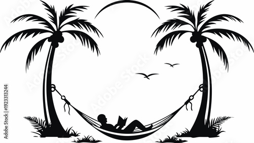 Relaxing man in hammock between palm trees by moonlight