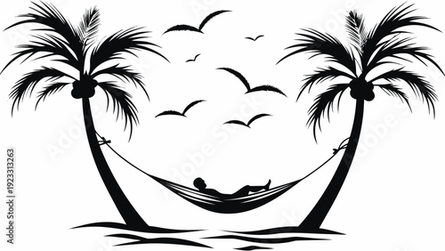 Relaxing person in hammock between palm trees by ocean