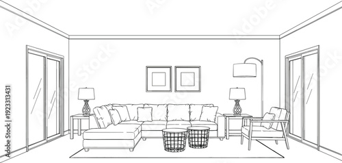 Architectural living room line drawing with sectional sofa coffee tables and large sliding glass patio doors