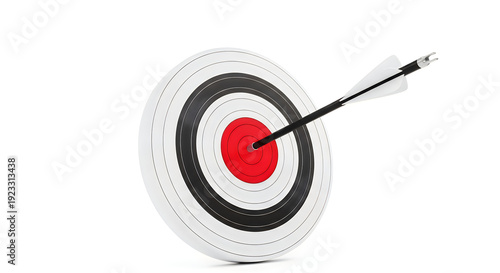 Black and white archery target with arrow hitting bullseye isolated on transparent background