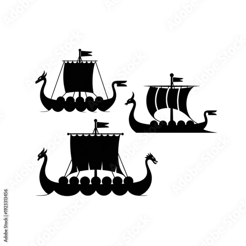 Set of viking ship drakkar vector silhouettes, nordic longboat icons with dragon head for maritime branding