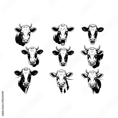 Set of cow head vector illustrations, dairy cattle mascot icons, farm animal portraits for beef and milk logos