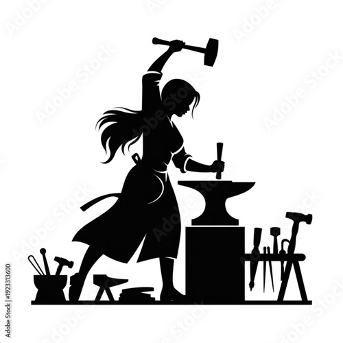 Female blacksmith silhouette working at anvil with hammer, craft metalwork icon for workshop and traditional industrialism