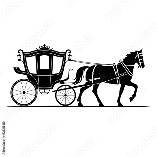 Vintage horse drawn carriage silhouette with decorative ornate coach for wedding invitations and royal luxury transportation