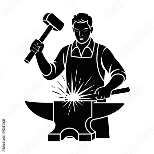 Vintage blacksmith vector illustration, blacksmithing craftsman with hammer and anvil icon, metal work worker logo emblem