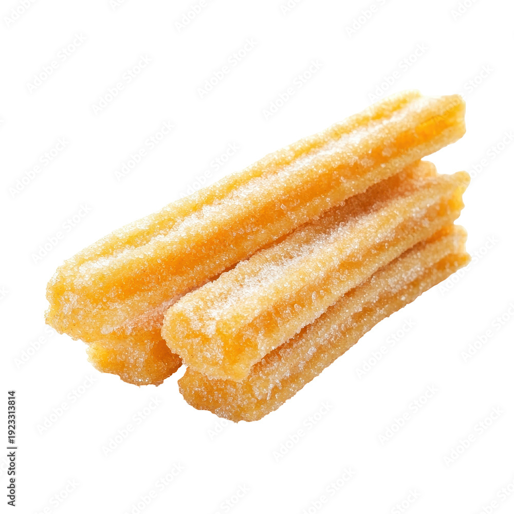 Fototapeta premium Three crispy fried dough sticks displayed on a plain white surface, isolated on transparent background