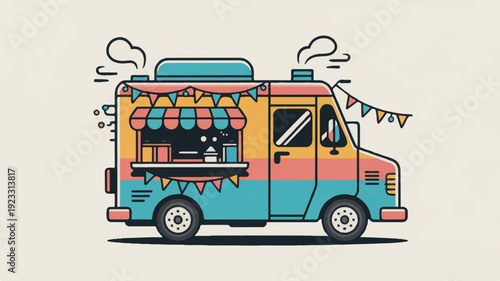 Vibrant food truck with colorful awning and bunting serving tasty treats on the go