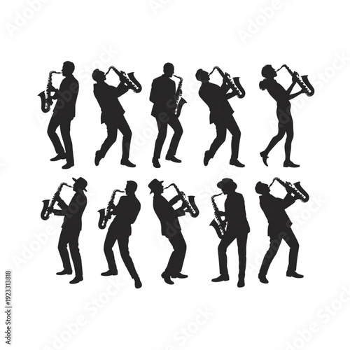 Saxophone player silhouette set, vector icons of jazz musicians performing on sax for music festival posters