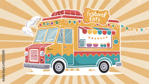 Vibrant festival food truck with colorful decorations and menu board on sunny background