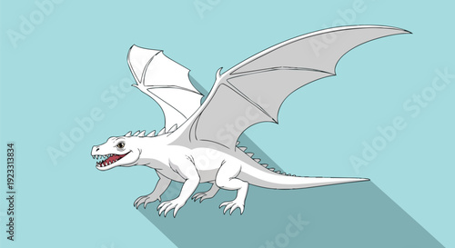 Animated white dragon illustration with majestic wings and a friendly gaze against a light blue background