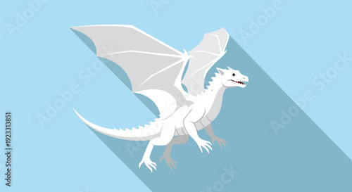 Graceful white mythical dragon soaring high in a clear blue sky, illustrated in a modern flat design style with long shadows creating a striking