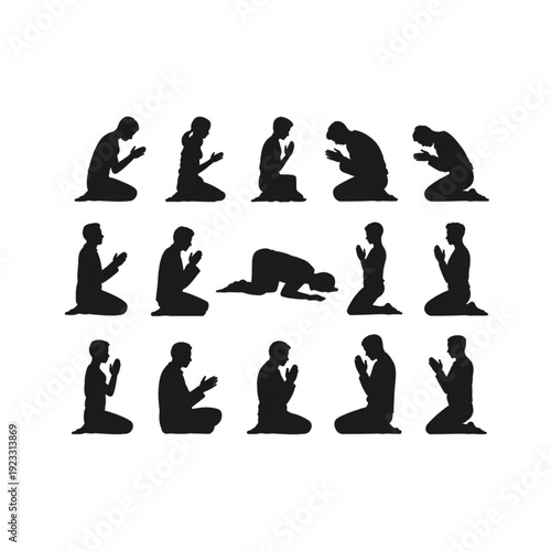 Prayer silhouette set, vector icons of people kneeling and praying in spiritual worship and meditation poses