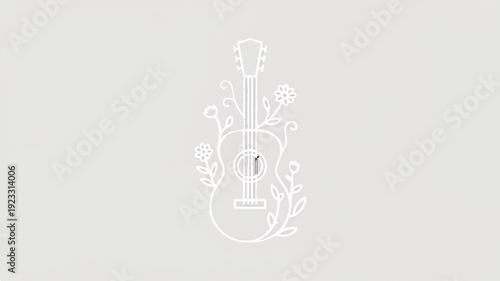 Minimalist line art icon of acoustic guitar with floral design on gray background