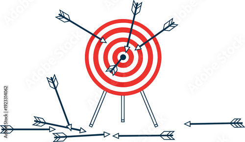 Business goal achievement concept with arrows hitting red target bullseye and scattered failed attempts for persistence and success