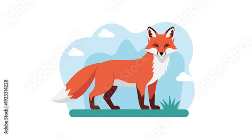 Vibrant flat design illustration of a majestic red fox standing gracefully in its natural habitat under a serene sky with minimalist mountains and