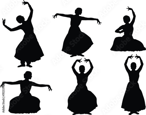Black vector silhouette set of female Indian classical dancers in traditional poses and ethnic costumes for cultural performance heritage and Bharatanatyam arts branding