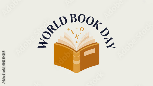 World book day icon with open book and flying letters on beige background
