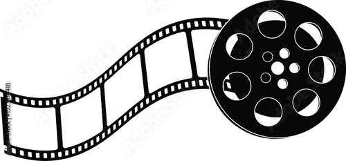 Black and white movie film reel with curved photographic film strip vector icon isolated on white background.