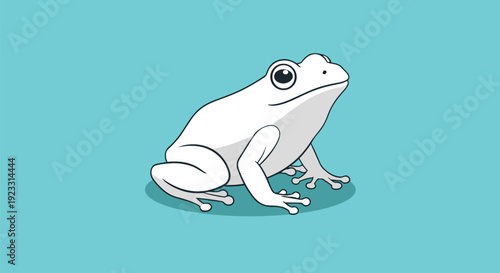Elegant vector art portrays a pristine white frog with prominent black eyes, delicately perched on a subtle shadow against a vibrant teal