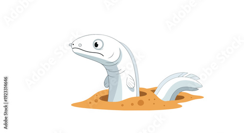 A solitary white cartoon sea creature emerges from the sandy seabed with a melancholic expression, an illustrative depiction of aquatic life in its