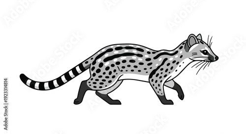 Monochrome genet illustration with detailed spots and a distinctive banded tail a captivating depiction of this agile mammal in a clean graphic