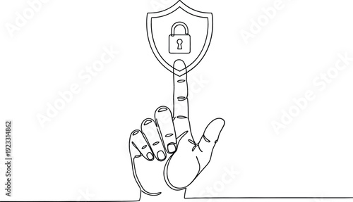 Continuous line drawing of a cybersecurity shield with a padlock icon representing data protection internet safety and digital privacy.