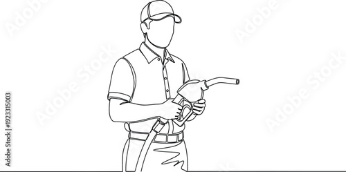 Continuous line drawing of a gas station attendant holding a fuel pump nozzle representing energy service automotive refueling and manual labor.