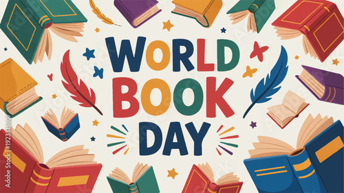Vibrant world book day celebration with colorful books and quills