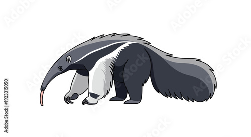 A detailed cartoon illustration of a giant anteater showcasing its distinctive elongated snout and long tongue, captured against a clean white