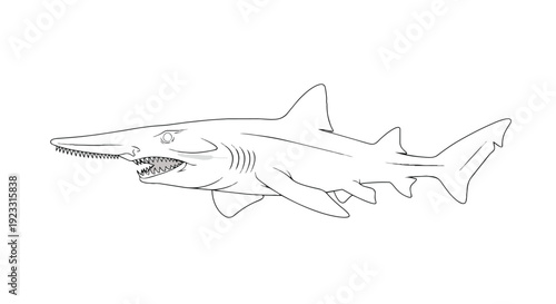 Striking black and white line art of a deep-sea goblin shark displaying its unique elongated snout and formidable teeth a powerful marine life