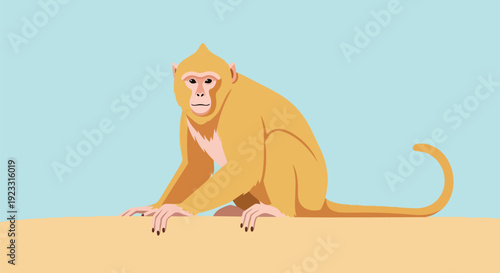 A minimalist vector illustration depicting a golden monkey sitting calmly on a beige surface against a soft light blue background portraying serene