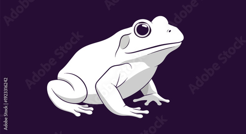 Striking white cartoon frog illustration with bold dark outlines against a vibrant purple backdrop minimalist amphibian art