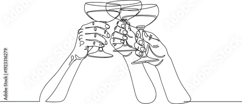 Continuous line drawing of hands clinking glasses in a toast representing celebration success social gathering and holiday cheer.