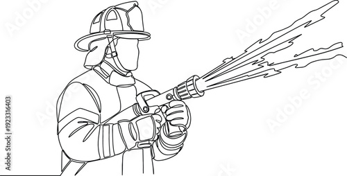 Continuous one line drawing of a firefighter in uniform using a hose for fire safety concept
