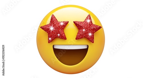 Vibrant yellow smiling face emoji with sparkling star-shaped eyes expressing wonder and joy