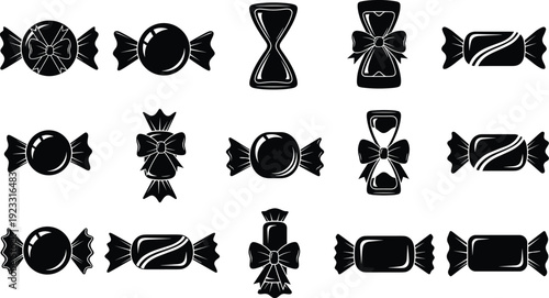 Black vector silhouette set of fifteen diverse wrapped candies and sweets with bows for holiday party treats confectionery branding dessert snacks and sugar advertising