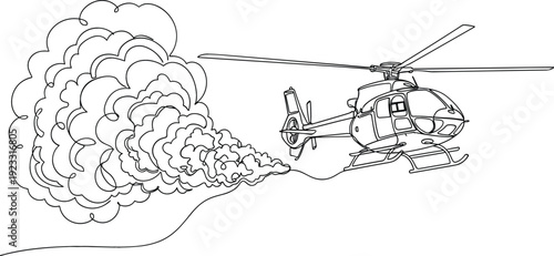 Continuous one line drawing of a flying helicopter with thick smoke clouds for rescue or emergency mission concept
