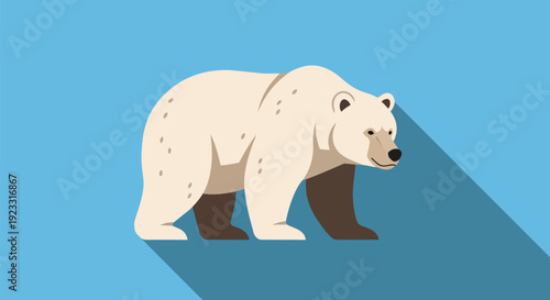 Flat design illustration of a majestic arctic polar bear with a blue background and long shadow representation