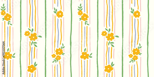Seamless pattern with freehand ink doodle abstract yellow flowers. Trendy floral vertical stripe background. Hand drawn vector illustration. Boho, cottage core, retro wallpaper.