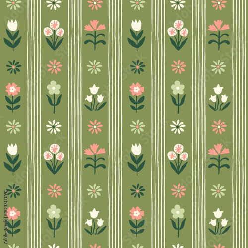 Seamless pattern with freehand ink doodle abstract flowers. Trendy floral vertical stripe background. Hand drawn vector illustration. Boho, cottage core, retro wallpaper in green.