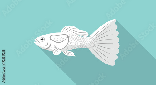 Minimalist white fish vector art with long shadow on aquamarine background graceful aquatic creature flat design illustration of a guppy-like animal